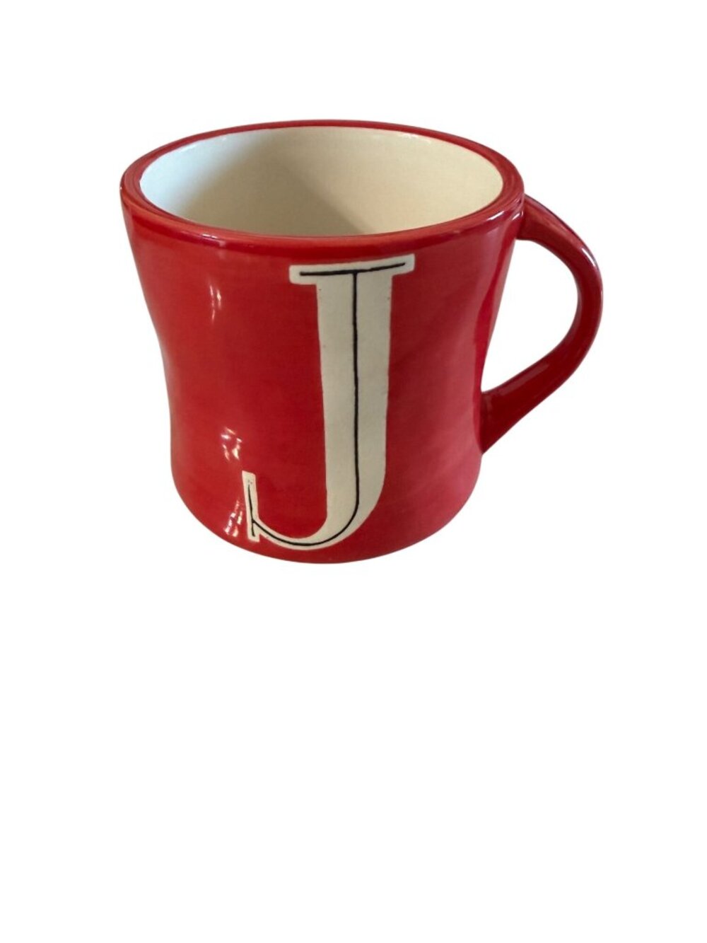 Anthropologie Red "J" Monogram Mug Hand-Painted Ceramic Coffee Cup 12oz